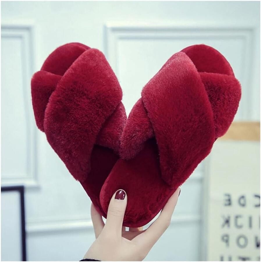 Zachte Pluche Huisslippers voor Dames met Open Teen en Kruisband Antislip Slippers voor Binnengebruik en Comfortabele Slaapkamerervaring
