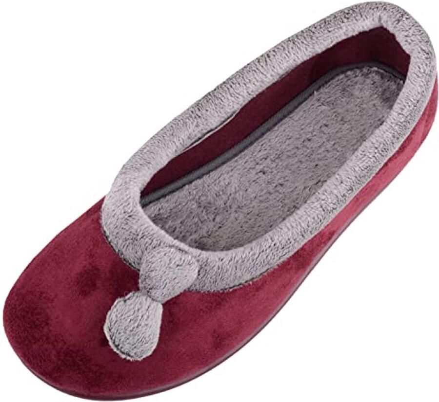 Zachte Velours Slip On Pantoffels met Pom Design voor Dames Indoor Slippers in Bordeaux