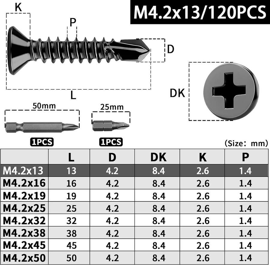Zelftappende schroeven M4 2 x 13 mm zelftappende schroeven roestvrij staal 410 zwarte plaatschroeven zelftappende verzonken kop boorschroeven zwart voor doe-het-zelfwerk