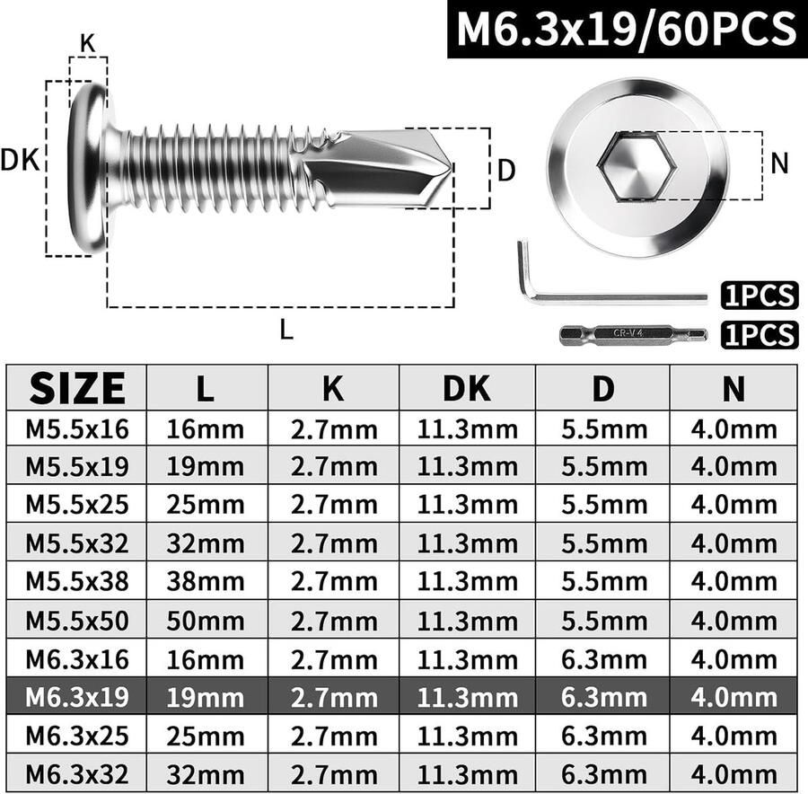 Zelftappende schroeven M6 3 x 19 mm plaatschroeven 410 roestvrij staal zelftappende schroeven roestvrij staal met binnenzeskantboor