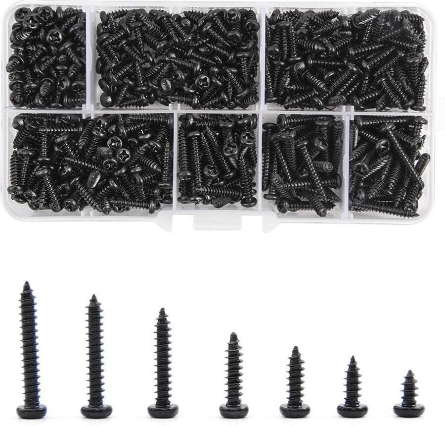 Zelftappende schroeven set koolstofstaal zwart M3 Cross Pan Head assortiment kit met doorzichtige doos voor kunststof hout zacht metaal