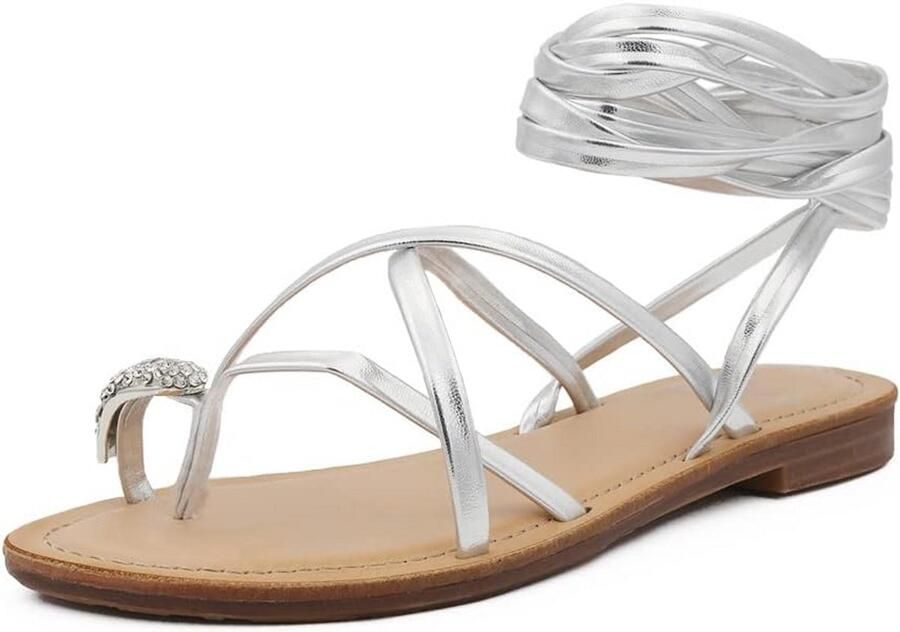 Zilveren Damesslippers met Veters Comfortabele Teensandalen