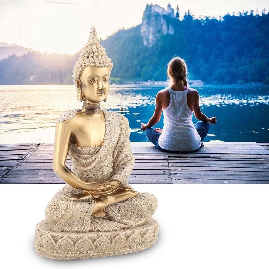 Zittende Boeddha Carving Beeldje Ambachtelijke Zandsteen Boeddhabeeld voor Huisdecoratie Tafel Ornament 4.3in(Goud)