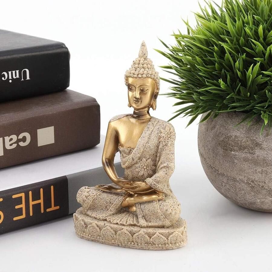 Zittende Boeddha Zandsteen Sculptuur Retro Woondecoratie Standbeeld Boeddhisme Carving Art Creatieve Hars Retro Woonkamer Woondecoratie(Goud)