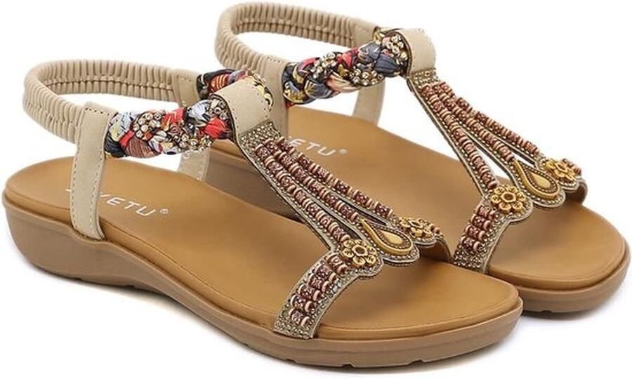 Zomer Sandalen Casual Comfortabel Beige Flip Flops Sparkly Strass Dames Enkel T-Strap Elastische Platte Outdoor Sandalen Vrouwen Geschikt voor Vrouwen Beige