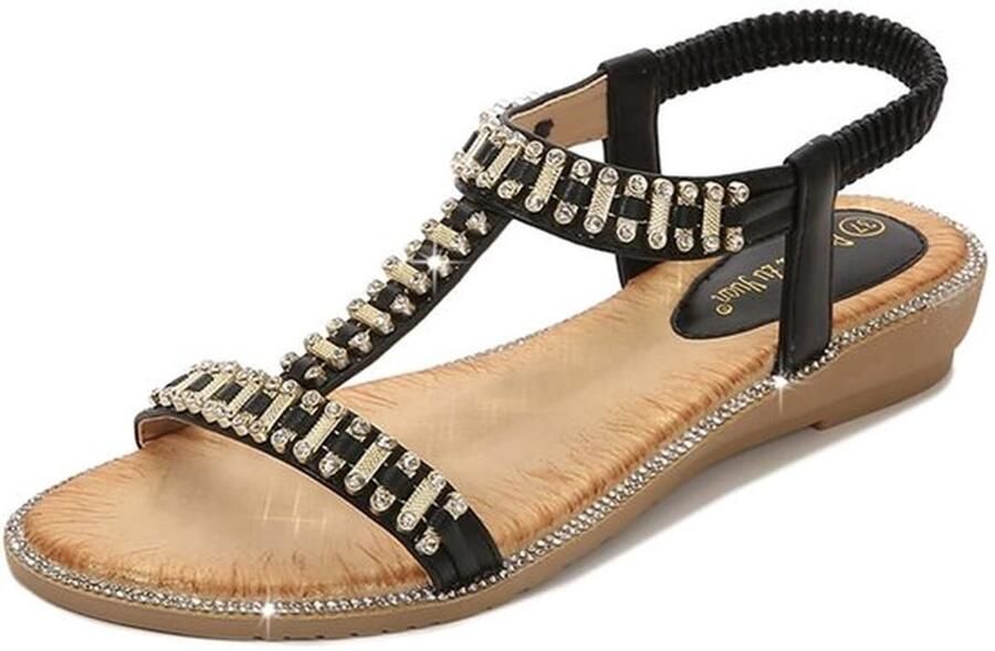 Zomer Sandalen Dames Casual Platte Sandalen Open Teen Elastische Achterkant Sprankelende Strass Zachte Rubberen Zool Plattere Sandalen