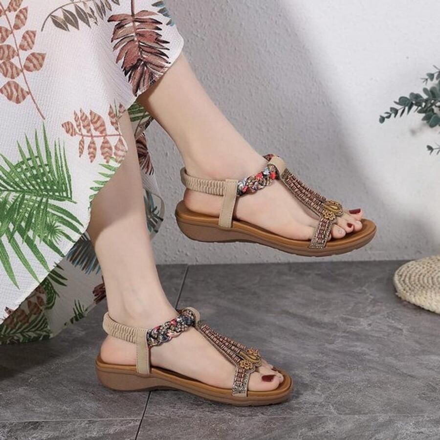 Zomer sandalen Dames Comfortabel Beige Flip flops Sparkly Strass Vrouwen Casual T-strap Elastische achterkant Platte buiten sandalen Geschikt voor dames Beige