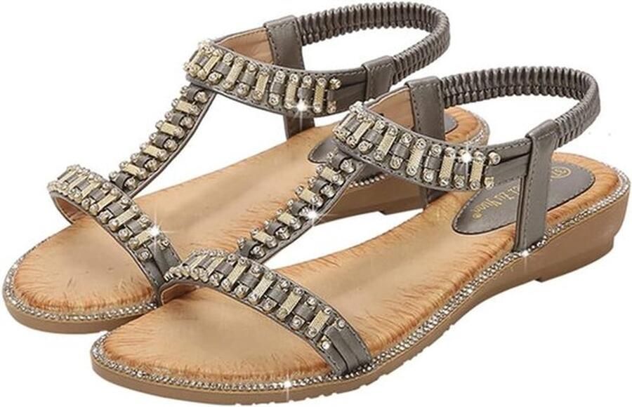 Zomer Sandalen Dames Schoenen Vrouwen Casual Grijs Sparkly Kralen Bohemian Enkelband Elastische Terug Platte Schoenen Geschikt voor Open Teen