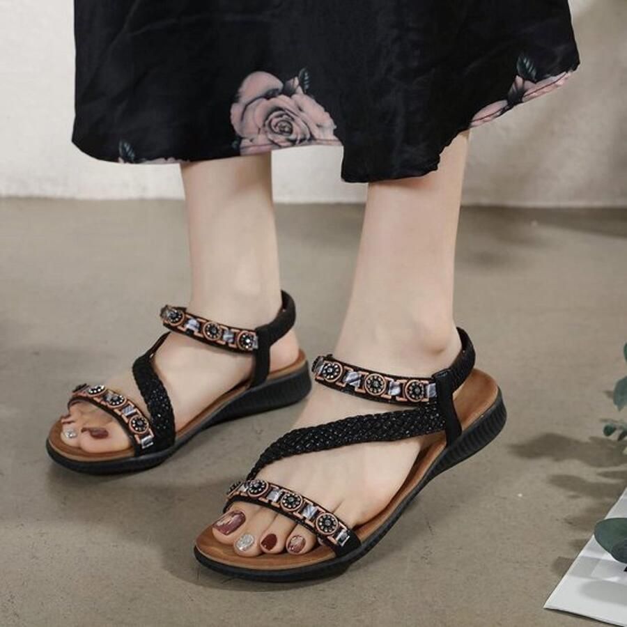 Zomer Sandalen Flip Flops Comfortabel Bling Kralen Casual Enkel T-Strap Elastische Terug Platte Sandalen Vrouwen Geschikt voor Zomer Dames Sandalen Met Kralen Detail Zwart Trendy Zomer Collectie Damesmode