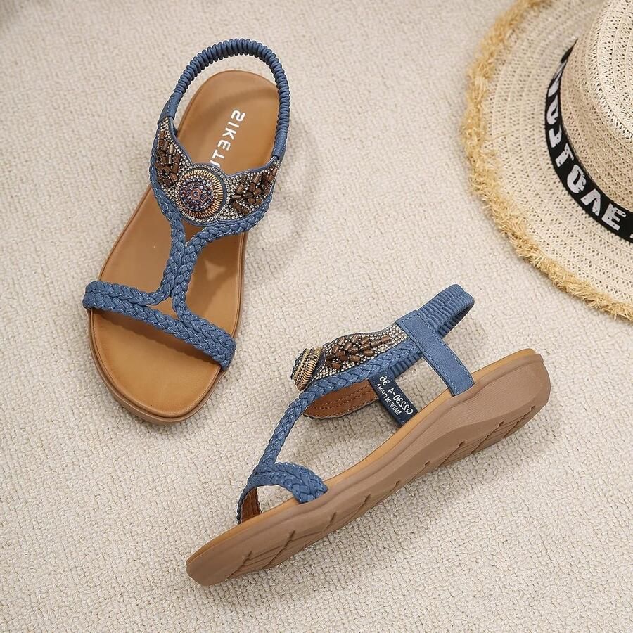 Zomer Sandalen voor Dames Casual Comfortabele Slip-On T-Strap Sandalen met Strass Blauw