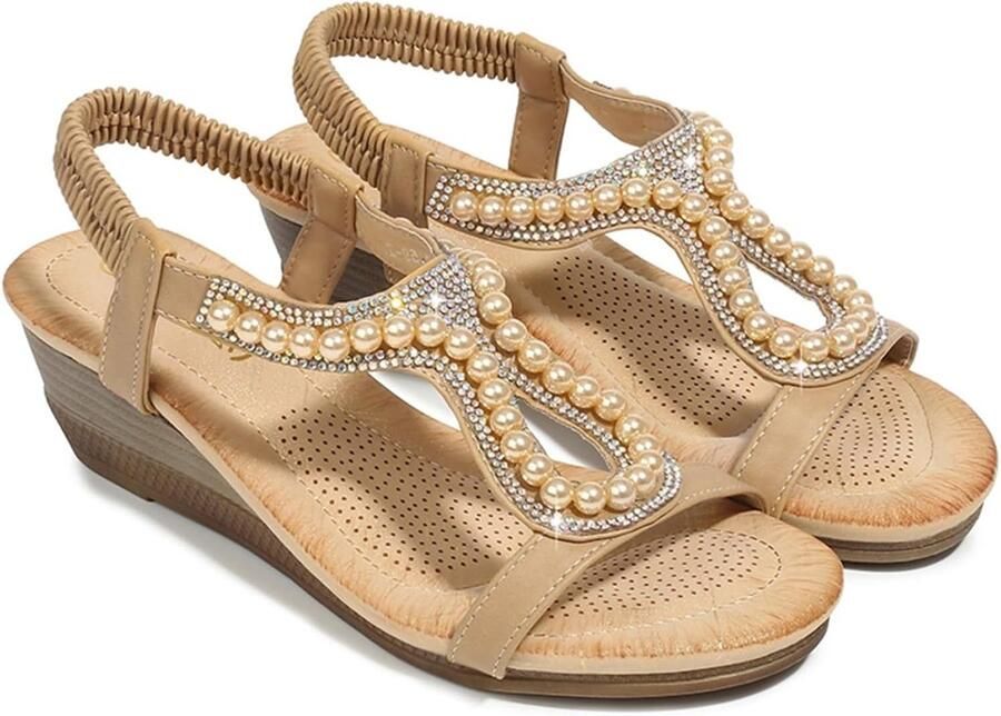 Zomer Sandalen voor Dames met Lage Hakken Open Neus Comfortabel en Padded voor Werk Feest en Dagelijks Gebruik met Sprankelende Strass en Wedge Hak