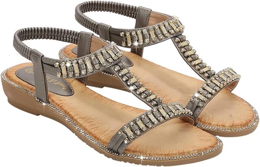 Zomer Sandalen voor Vrouwen Casual Open Toe Sparkly Beaded Bohemian Stijl met Elastische Achterkant EU Comfortabele Flats in Grijs