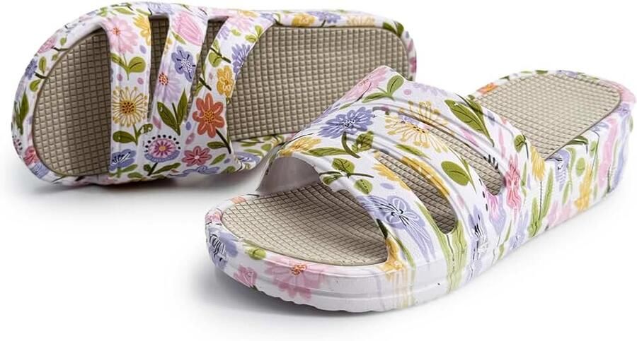 Zomerpantoffels voor dames bloemenprint lage sleehak zacht en gevoerd gestructureerde binnenzool antislip waterdicht sneldrogend thuis strand zwembad douche