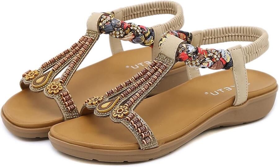 Zomerse Sandalen voor Dames Casual Comfortabele Flip Flops met Sprankelende Rhinestones Enkele T-Strap en Elastische Achterkant Perfect voor Buitenactiviteiten Beige