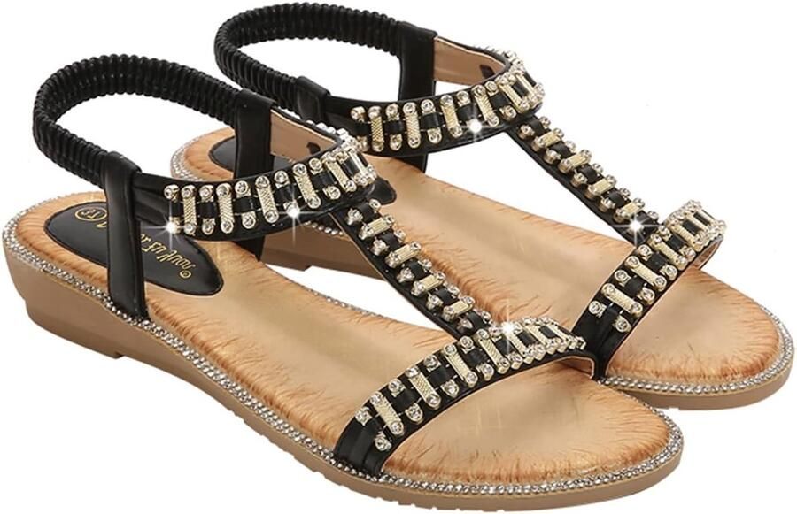 Zomerse Sandalen voor Dames met Open Teen Sprankelende Kralen en Elastische Achterkant Comfortabele Platte Schoenen Zwart