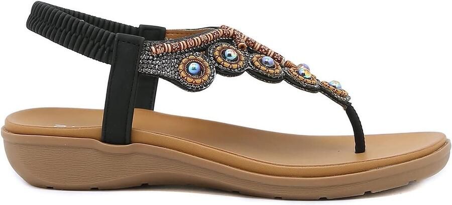 Zomerse Sandalen voor Dames met Elastische Rugband en T-Strap Bohemian Stijl met Bling en Kralen Comfortabele Platte Schoenen voor Buitenactiviteiten Zwart