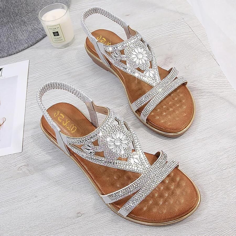 Zomerse Sandalen voor Dames met Open Teen en Slingback T-Bar Design met Bloem en Bling Beads Comfortabele Platte Schoenen voor de Zomer