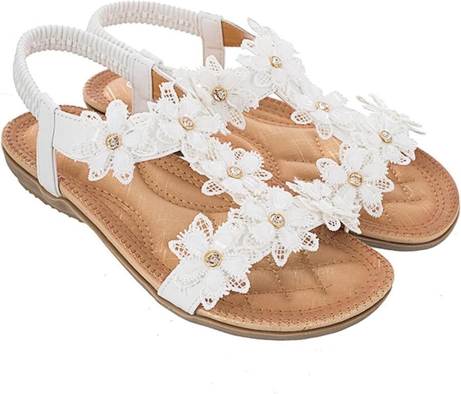 Zomer Sandalen voor Dames Casual Slip-On Sprankelende Kralen Bohemian T-Strap en Elastische Achterkant Comfortabele Platte Schoenen