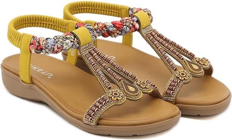 Zomerse Vrouwen Sandalen met T-Strap en Strass Comfortabele Flip Flops voor Buiten Geel en Casual