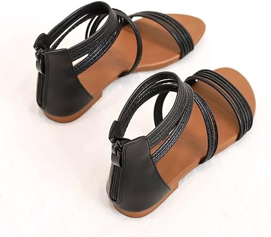 Zwarte Bohemian Strandsandalen Dames Platte Bandjes & Antislip Zool