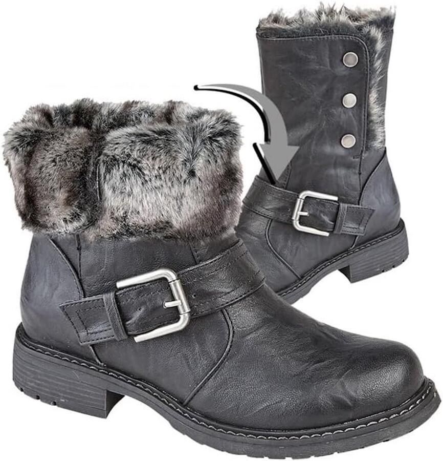 Zwarte Dames Enkellaarzen met Vouwbare Faux Fur Rand