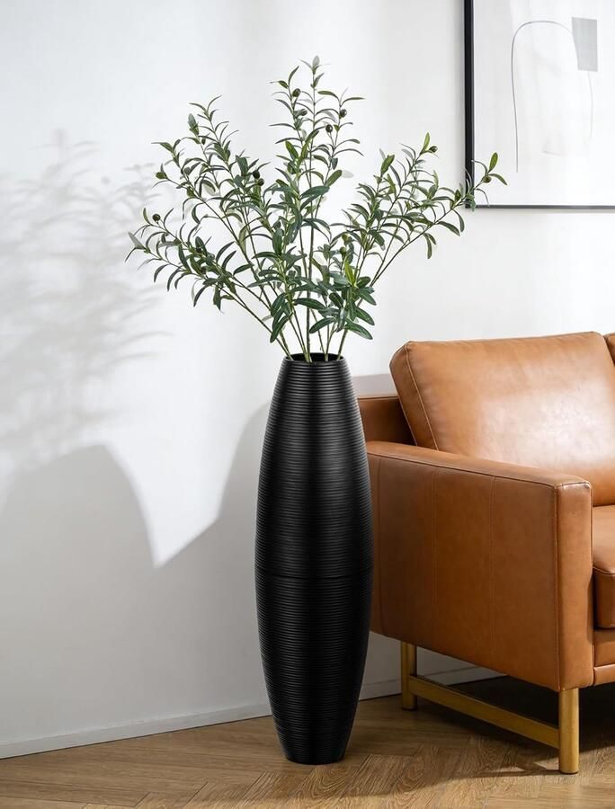 Zwarte Extra Grote Vloervaas: Hoog Vloerjarroon Moderne voor Kunstplant Pampasgras Kunstmatig Metalen Grote Bloempotten Geribbelde voor Sideboard Open Haard Ingang Deur Decoratie