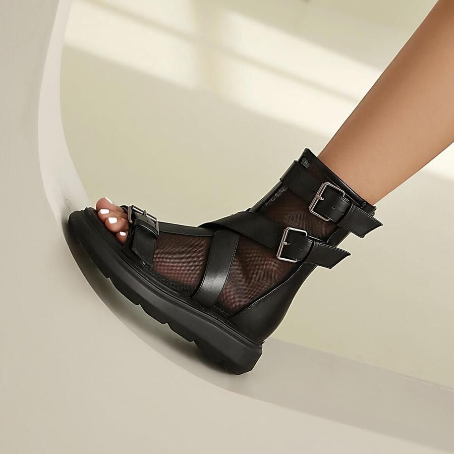 Zwarte leren mesh open teen platte platformsandalen met gesp riem casual reizen ritssluiting mesh koele enkellaarzen