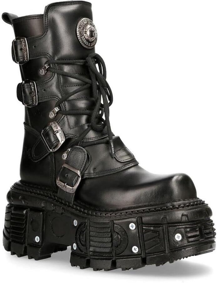 Zwarte Platform Laarzen Leer Unisex Combat Biker Stijl met Gespen voor Goth en Metal Fans