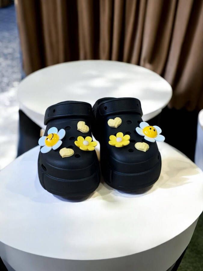 Ekselans EK-170 Zwarte Klomp Slippers met Bloem Versiering Unisex Comfort Slippers met Hoge Zool