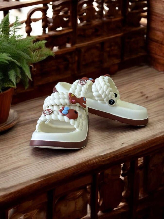 Ekselans EK-172 Rubberen Slippers met Gevlochten Band en Decoratie Crème Wit