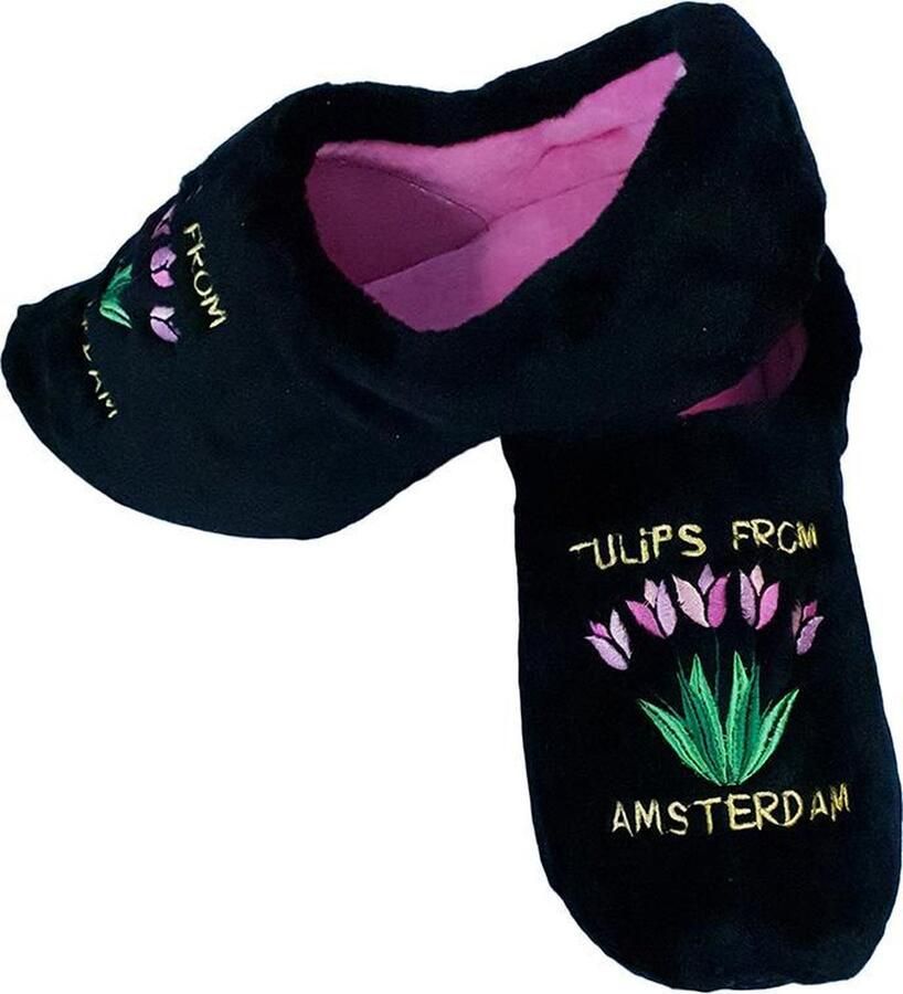 ELCEE-HALY BV Elcee-Haly Klomp sloffen Zwarte Pantoffelklomp met Tulpen boeket Warme sloffen Zwart Roze