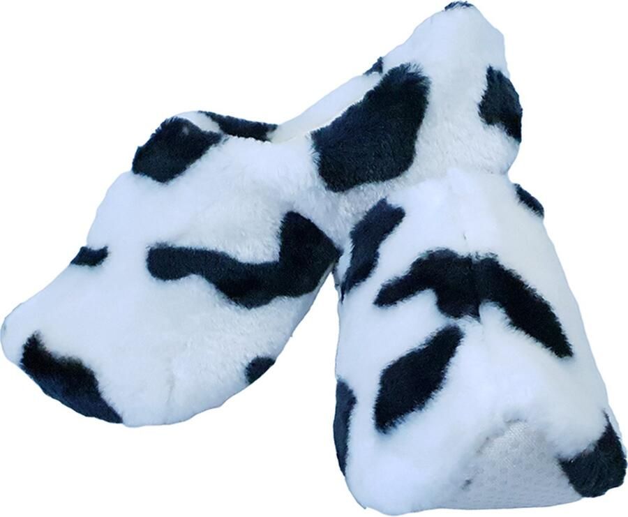Elcee-Haly Klomp sloffen Wit Zwarte Pantoffelklompen met Koeienprint Warme sloffen Wit Zwart