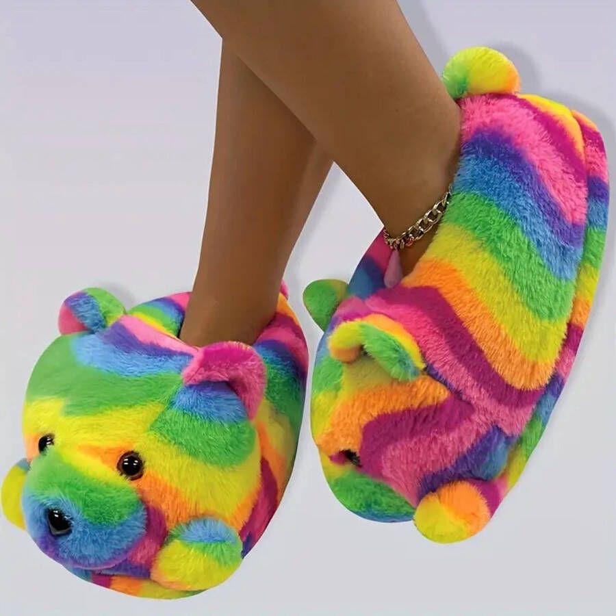 Emojishop Grappige pantoffels Gekleurde beer sloffen One size fits all t m 38 voor Kinderen en Pantoffel dierensloffen Pluche dierenpantoffels zachte binnenschoenen Sloffen en