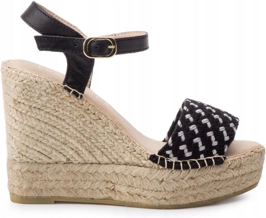 Eva Minge Espadrilles Sandaal Zwart Leer Tekstiel