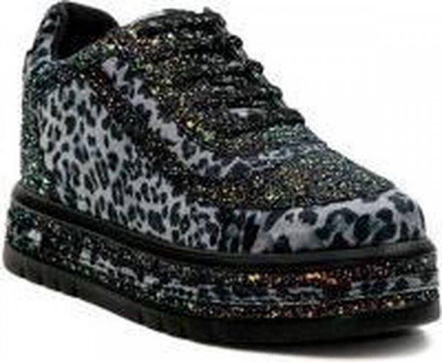 Ewoll Dames Sneaker met lage zool Zwart tijgerprint en glitter - Schoenen.nl