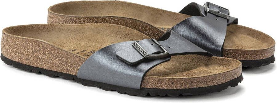 Birkenstock Madrid Dames Slippers Metallic Black Narrow-fit Zwart Imitatieleer
