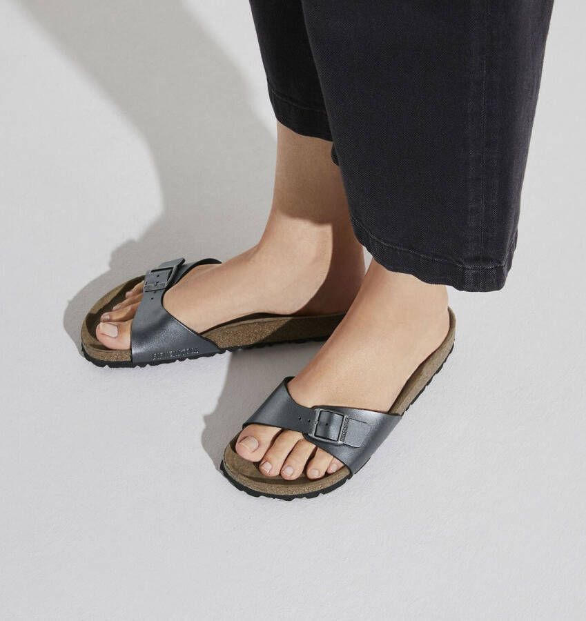 Birkenstock Madrid Dames Slippers Metallic Black Narrow-fit Zwart Imitatieleer