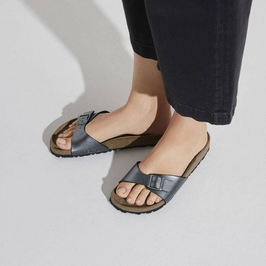 Birkenstock Madrid Dames Slippers Metallic Black Narrow-fit Zwart Imitatieleer