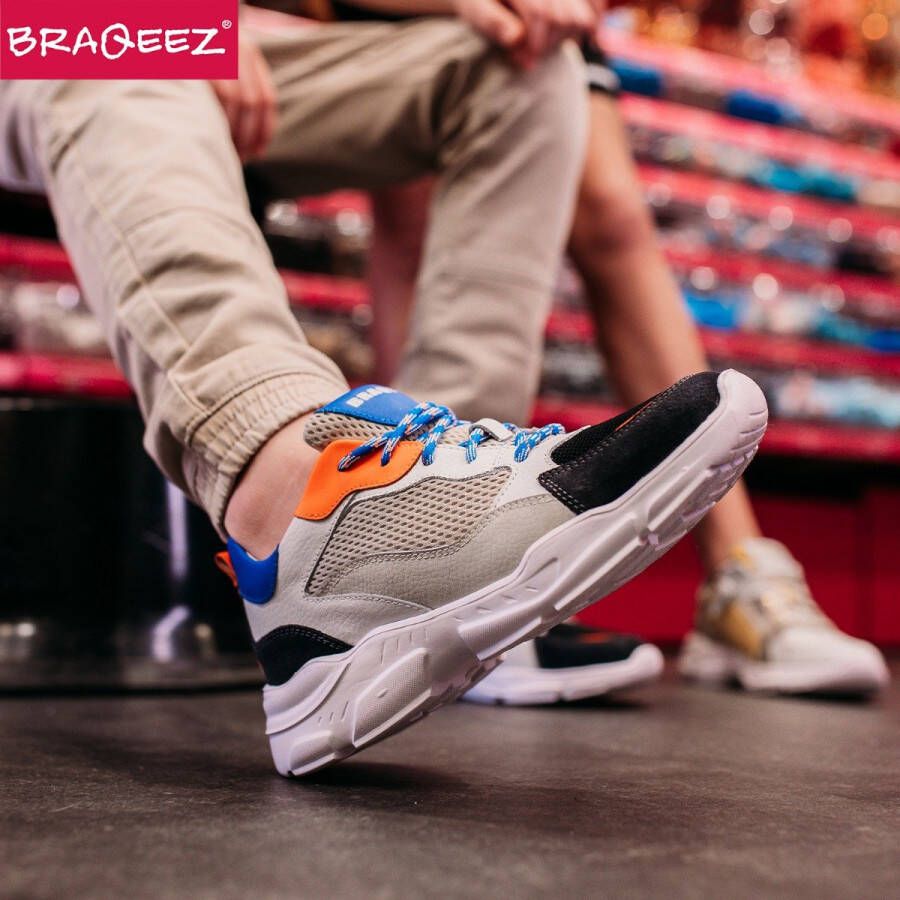 Braqeez 422283-429 Jongens Lage Sneakers Wit Blauw Oranje Leer Veters