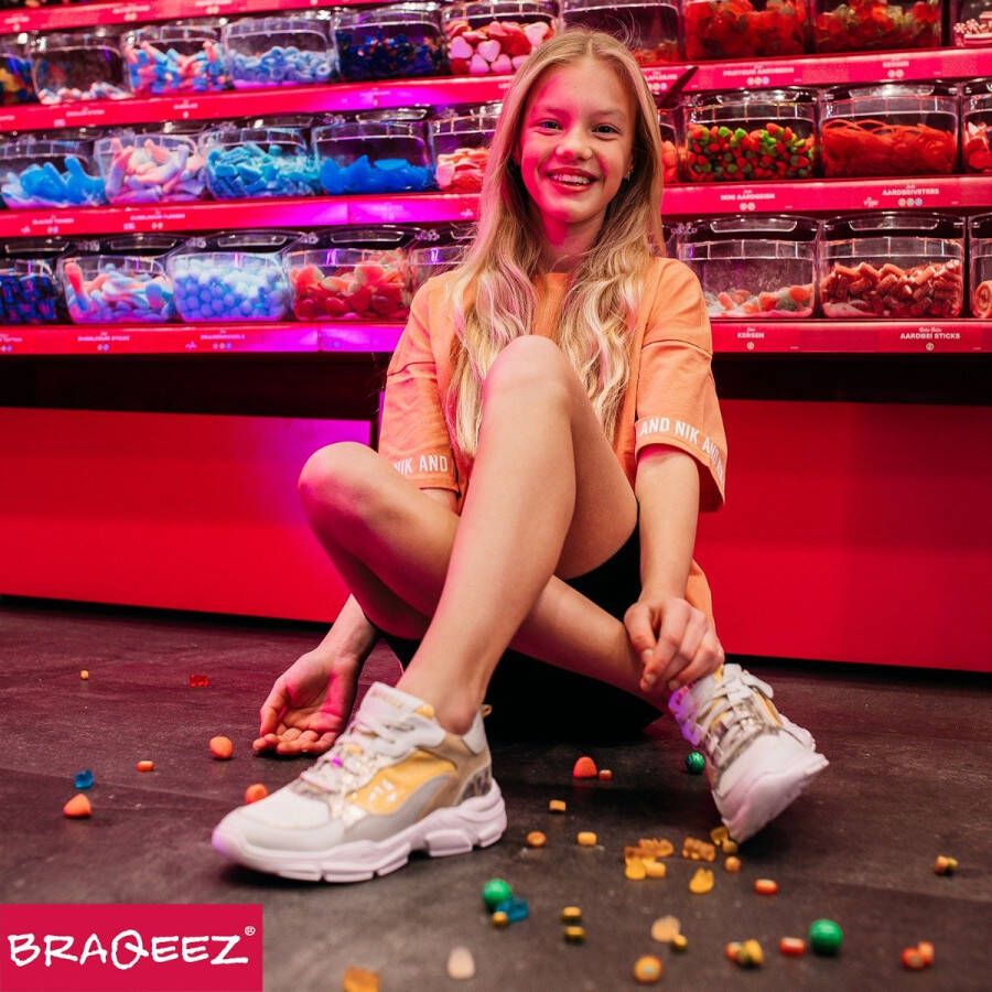 Braqeez 422283-500 Meisjes Lage Sneakers Beige Bruin Print Geel Wit Leer Veters