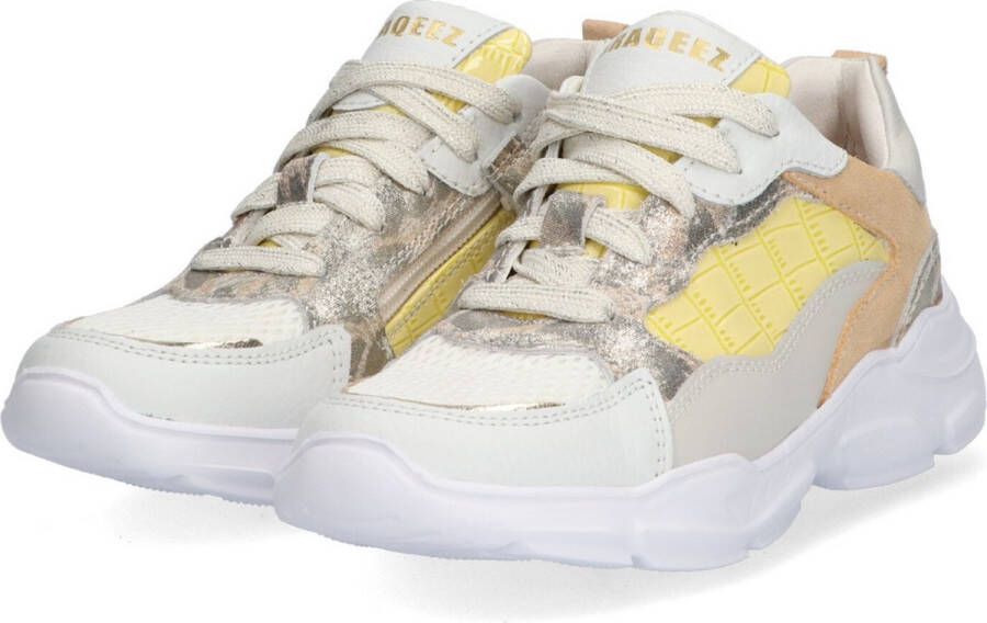 Braqeez 422283-500 Meisjes Lage Sneakers Beige Bruin Print Geel Wit Leer Veters