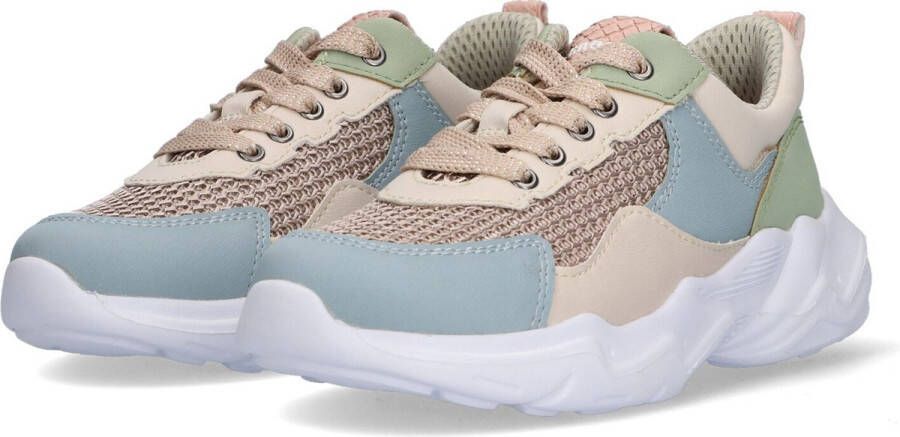 Braqeez 422492-721 Meisjes Lage Sneakers Blauw Groen Beige Imitatieleer Veters