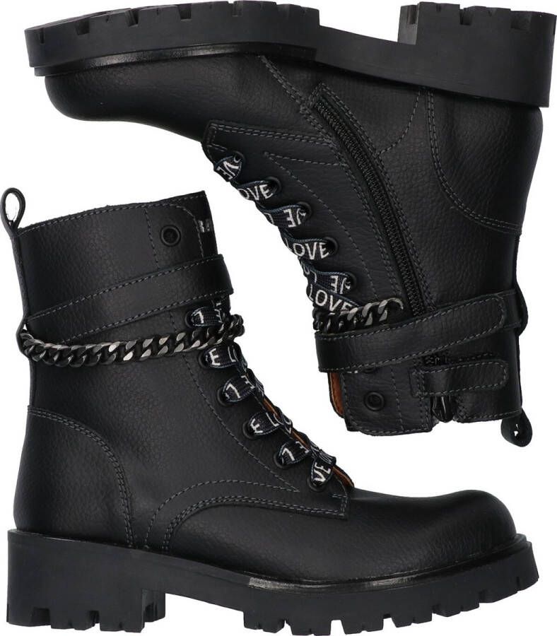 Braqeez 422788-589 Meisjes Biker Boots Zwart Leer Veters