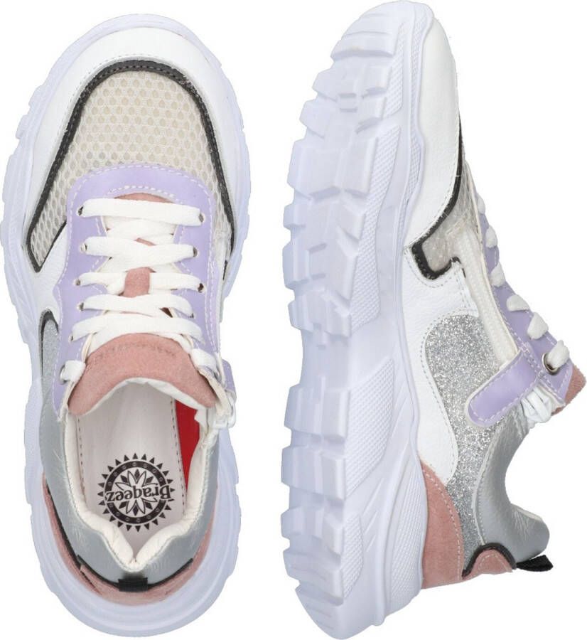 Braqeez 423285-500 Meisjes Lage Sneakers Wit Zilver Roze Leer Veters