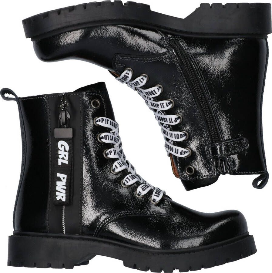 Braqeez Belle Boot Meisjes Biker Boots Zwart Leer Veters