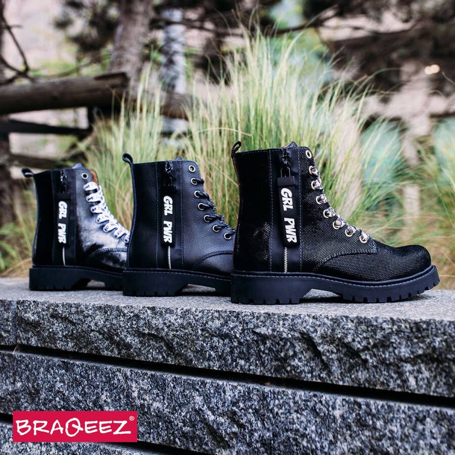 Braqeez Belle Boot Meisjes Biker Boots Zwart Leer Veters