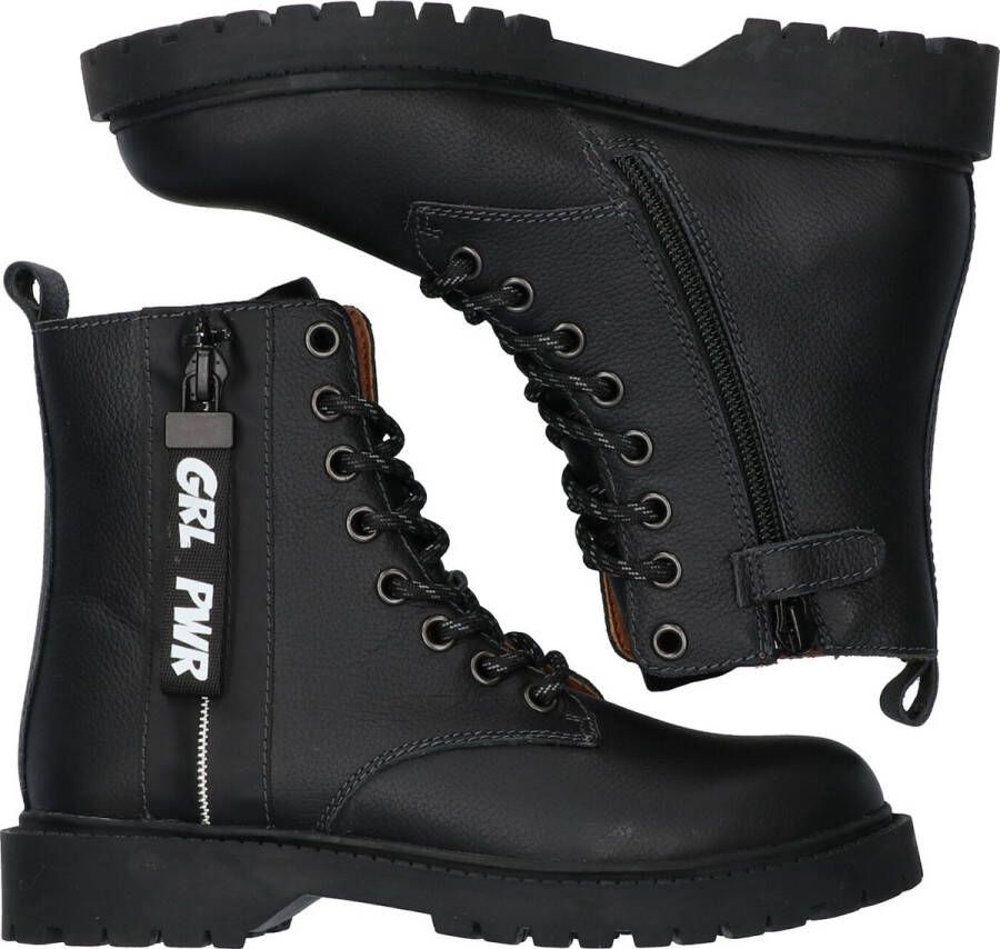 Braqeez Belle Boot Meisjes Biker Boots Zwart Leer Veters