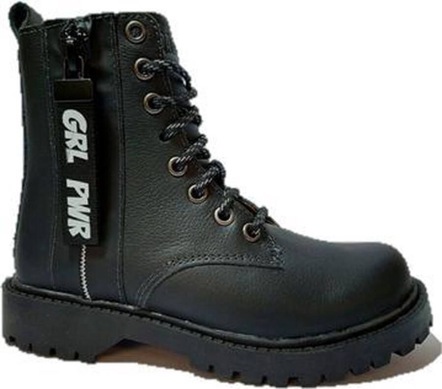 Braqeez Belle Boot Meisjes Biker Boots Zwart Leer Veters