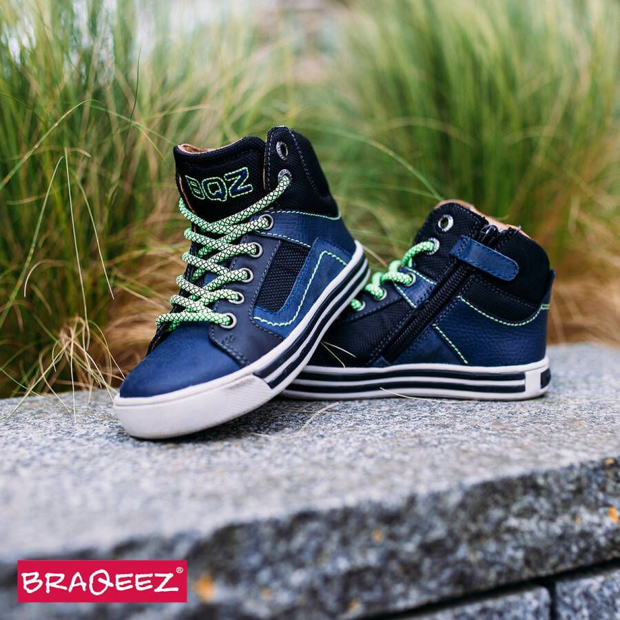 Braqeez Dylan Day Jongens Hoge Sneakers Blauw Groen Leer Veters - Foto 7