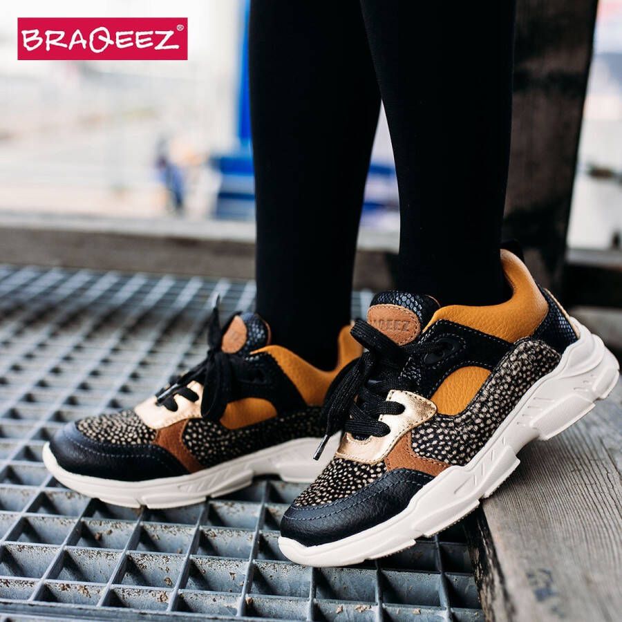 Braqeez Renee Run Meisjes Lage Sneakers Geel Bruin Leer Veters